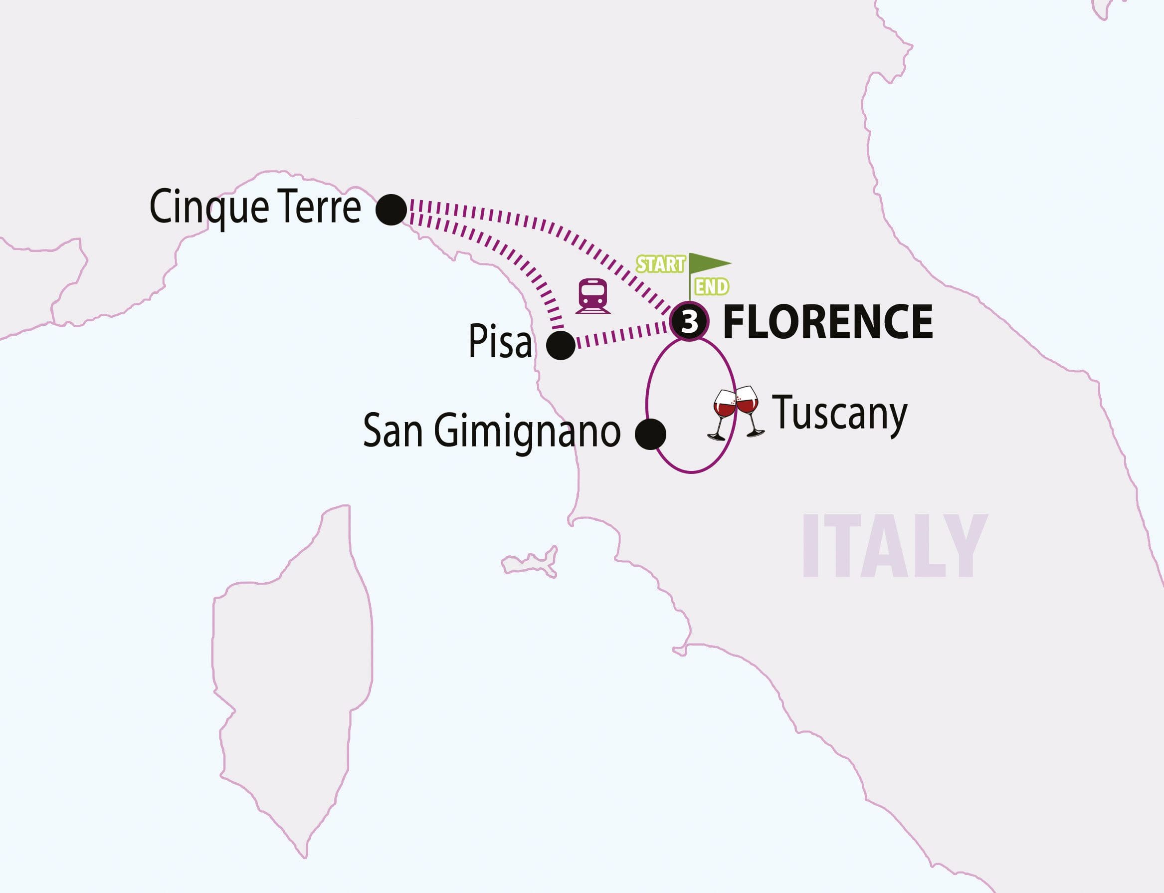 Map of a travel route in Tuscany and Liguria