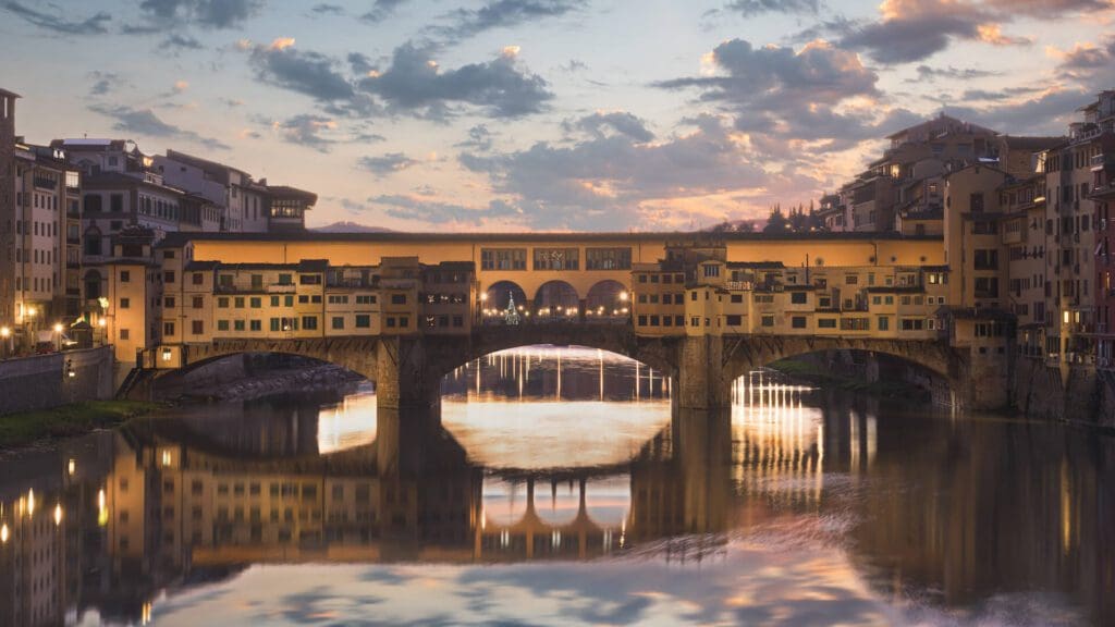 Florence, Italy at the Ponte Vecchio Bridge crossing the Arno River