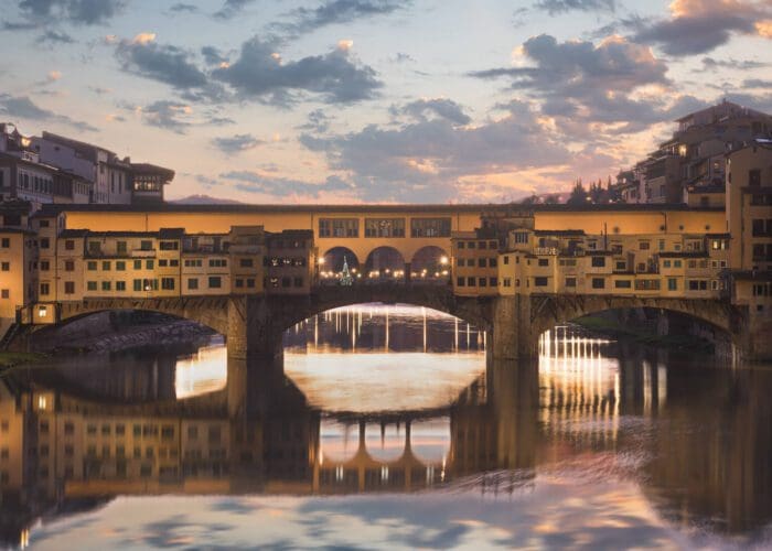 Florence, Italy at the Ponte Vecchio Bridge crossing the Arno River
